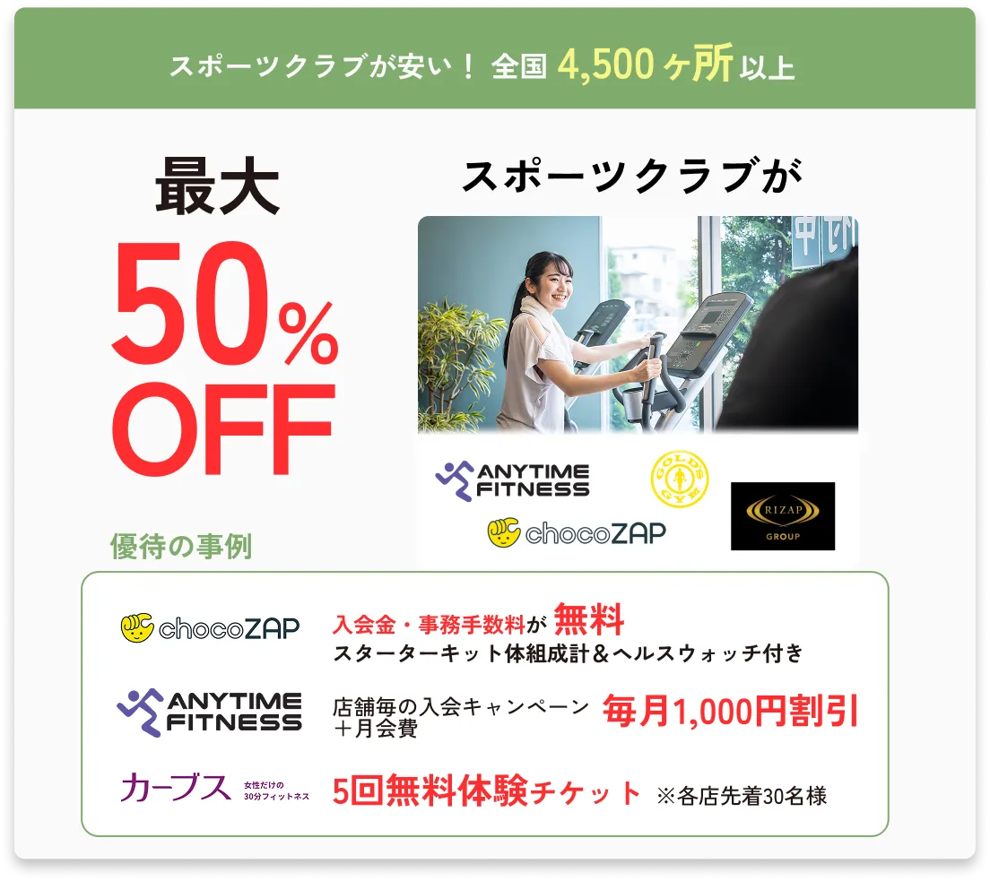スポーツクラブが安い！全国4,500ヶ所以上スポーツクラブが最大50%OFF